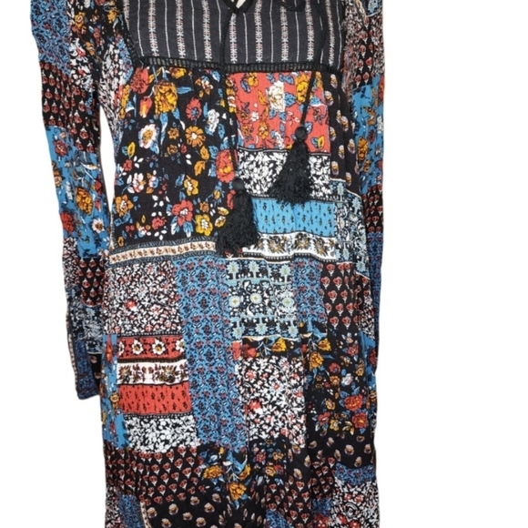 Andree Tunic Dress Small Long Sleeve Tassels Keyhole Neckline Boho Festival - Picture 2 of 7